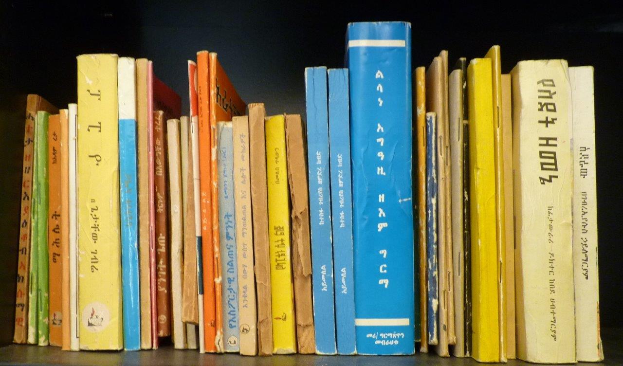 Photo of bookshelf with books in Amharic