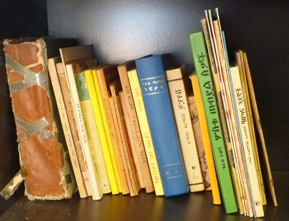 Photo of bookshelf with books in Amharic