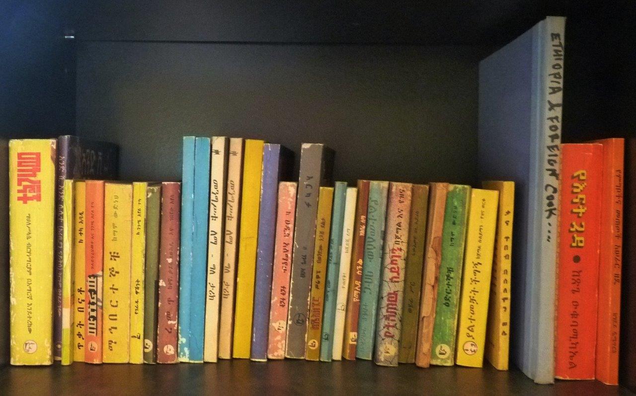Photo of bookshelf with books in Amharic