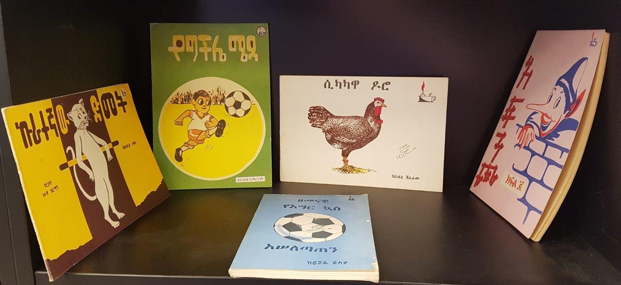 Photo of bookshelf with children's books in Amharic