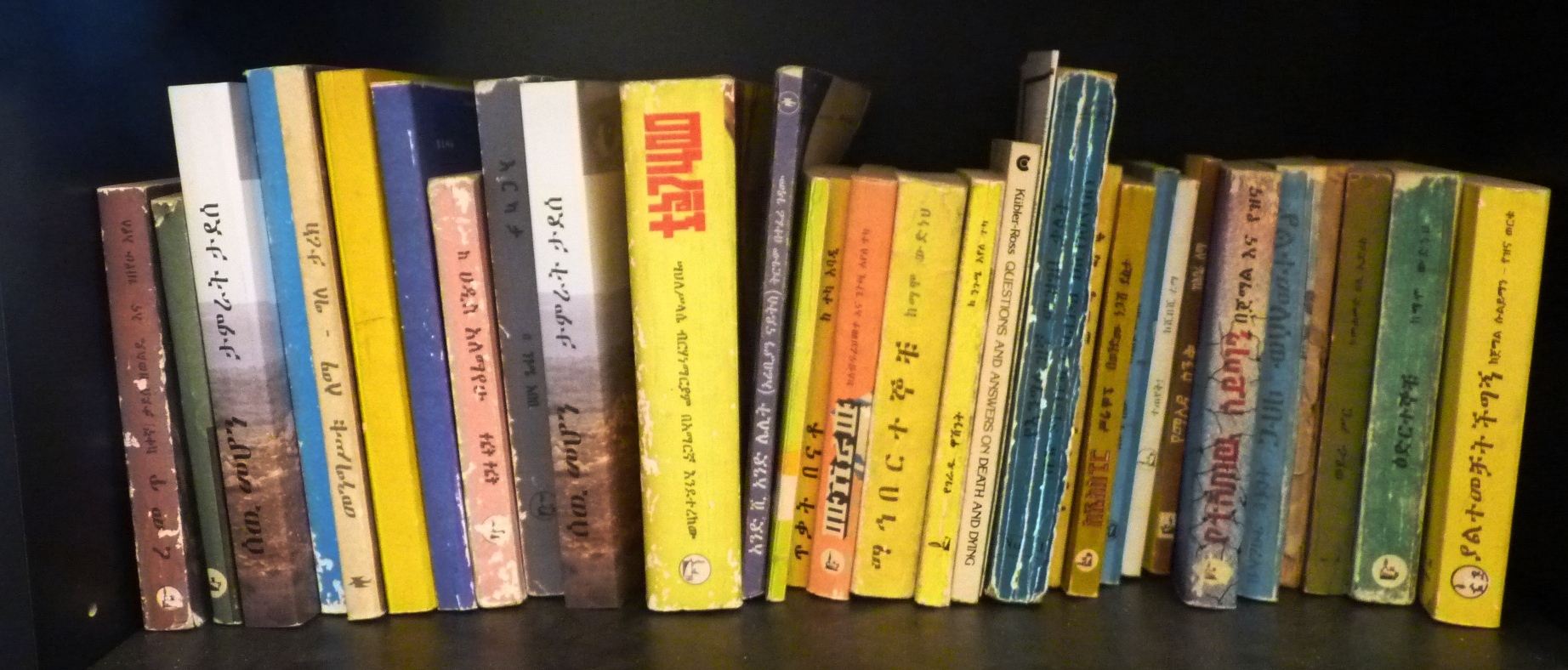 Photo of bookshelf with books in Amharic